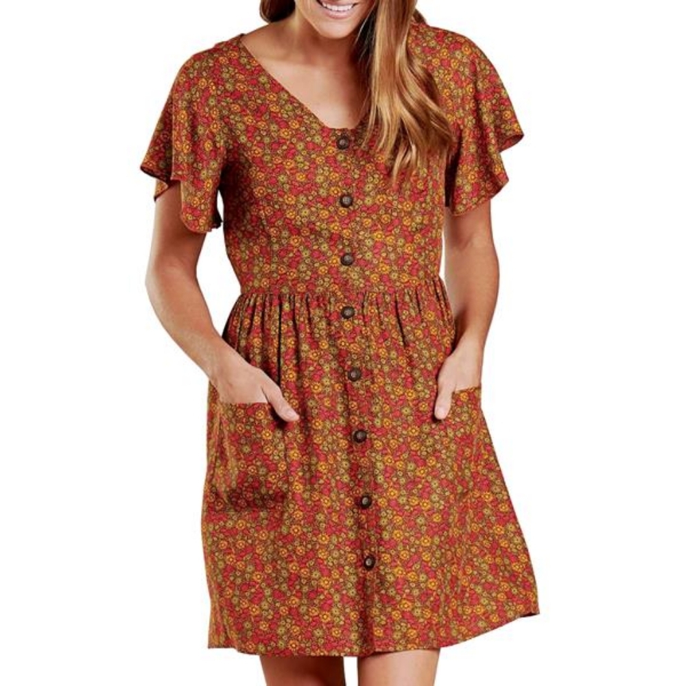 Toad&Co Hillrose Button-Up Short Sleeve Dress - Chestnut - Size Small S